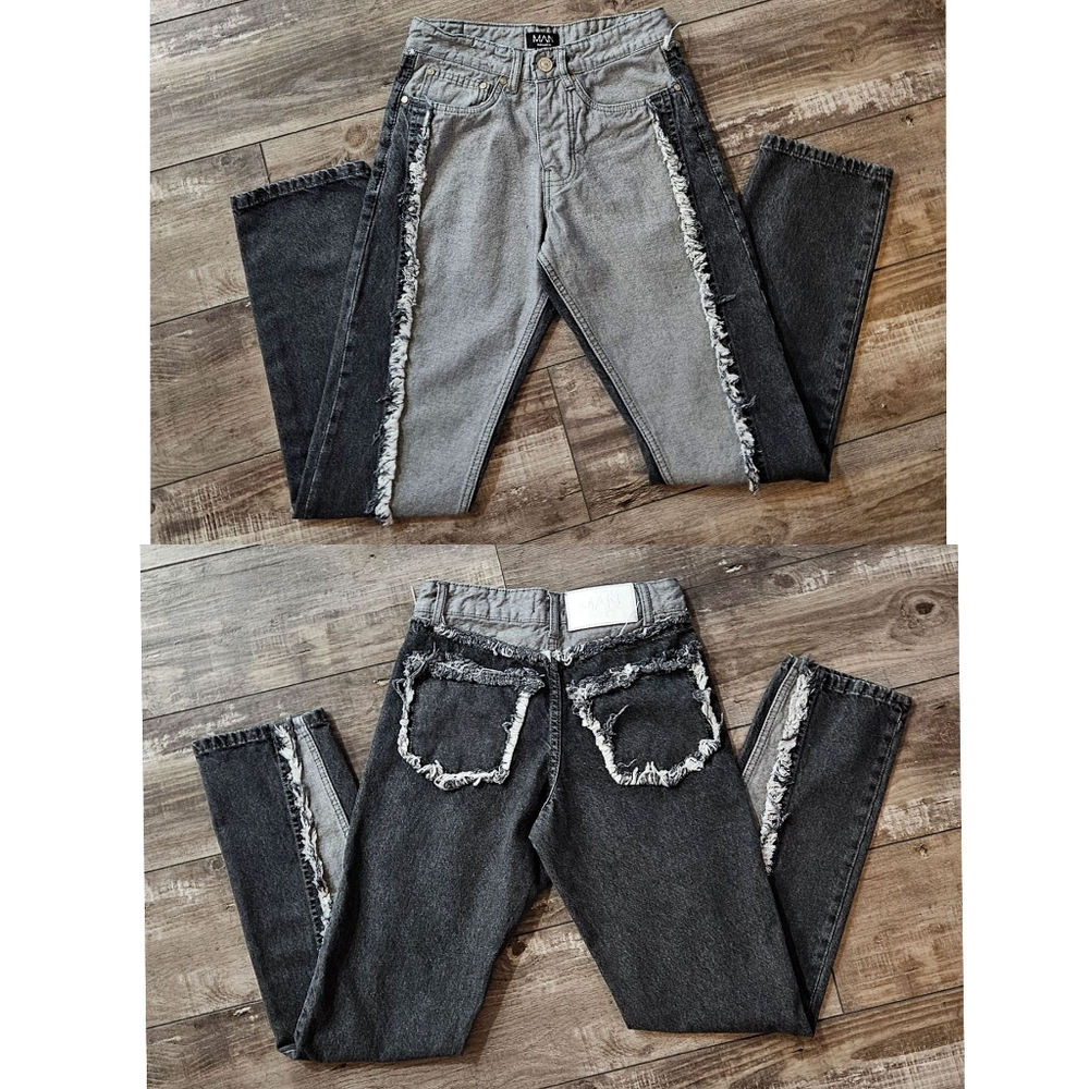 BOOHOO MAN Black Gray Split Wash Jeans w/ Fraying Detail ALL OVER Size 26